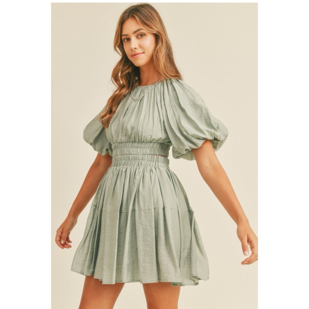 599 • Laurel Green Billows Puff Sleeve Smocked Waist Rayon Blend Mini Dress - Picture 2 of 5